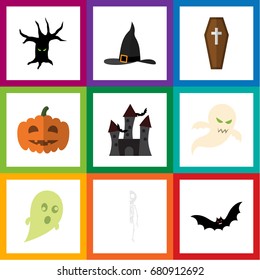 Flat Icon Celebrate Set Of Witch Cap, Fortress, Superstition And Other Vector Objects. Also Includes Tree, Terrible, Witch Elements.