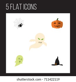 Flat Icon Celebrate Set Of Witch Cap, Gourd And Other Vector Objects. Also Includes, Witch, Arachnid Elements.