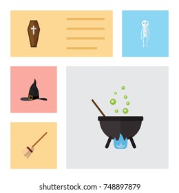 Flat Icon Celebrate Set Of Witch Cap, Broom, Skeleton And Other Vector Objects. Also Includes Skeleton, Coffin, Boiling Elements.
