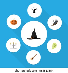 Flat Icon Celebrate Set Of Zombie, Broom, Candlestick Vector Objects. Also Includes Monster, Wizard, Zombie Elements.