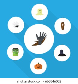 Flat Icon Celebrate Set Of Zombie, Pumpkin, Tomb And Other Vector Objects. Also Includes Cobweb, Hand, Casket Elements.