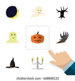 Flat Icon Celebrate Set Of Zombie, Ghost, Gourd And Other Vector Objects. Also Includes Witch, Moon, Phantom Elements.