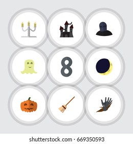 Flat Icon Celebrate Set Of Zombie, Broom, Spirit And Other Vector Objects. Also Includes Gourd, Broom, Corpse Elements.