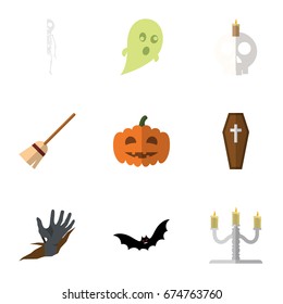 Flat Icon Celebrate Set Of Zombie, Broom, Candlestick Vector Objects. Also Includes Corpse, Skeleton, Pumpkin Elements.