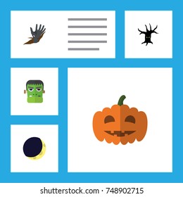 Flat Icon Celebrate Set Of Zombie, Gourd, Crescent And Other Vector Objects. Also Includes Monster, Crescent, Moon Elements.