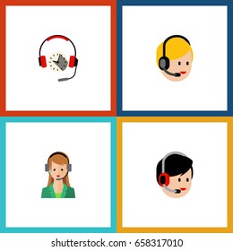 Flat Icon Center Set Of Call Center, Secretary, Operator And Other Vector Objects. Also Includes Headphone, Headset, Earphone Elements.