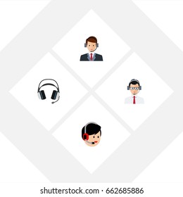 Flat Icon Center Set Of Earphone, Help, Hotline And Other Vector Objects. Also Includes Headset, Headphone, Secretary Elements.