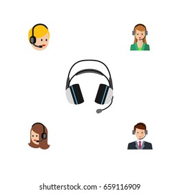 Flat Icon Center Set Of Secretary, Service, Earphone And Other Vector Objects. Also Includes Secretary, Headphone, Earphone Elements.