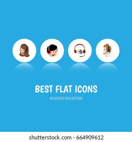 Flat Icon Center Set Of Service, Telemarketing, Headphone And Other Vector Objects. Also Includes Support, Telemarketing, Hotline Elements.
