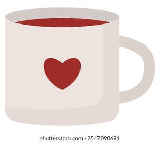 Flat icon of ceramic mug with a white heart isolated on white background.