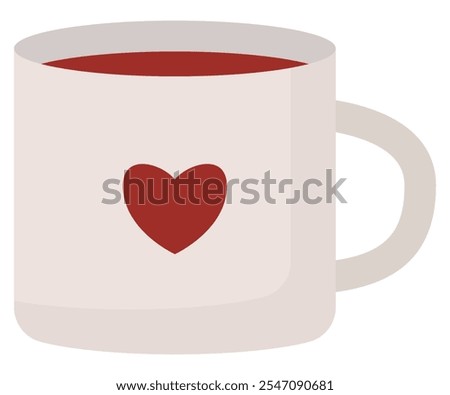 Flat icon of ceramic mug with a white heart isolated on white background.