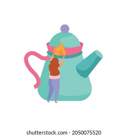 Flat icon with ceramic teapot and tiny character of woman on white background vector illustration