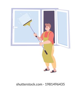Flat icon with character cleaning plastic window vector illustration