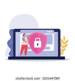 Flat icon with character of computer user and protected personal information on laptop vector illustration