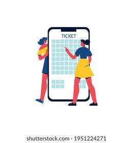 Icono plano con personajes comprando entradas de cine en ilustraciones vectoriales de aplicaciones móviles