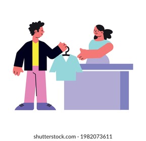 Icono plano con personajes en la tienda de ropa o en la ilustración vectorial de la lavandería
