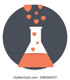
Flat icon of a chemistry flask with hearts bubbling out of it 
