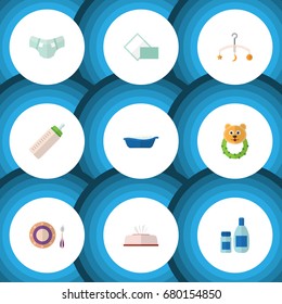 Flat Icon Child Set Of Baby Plate, Bathtub, Cream With Lotion And Other Vector Objects. Also Includes Beanbag, Cream, Tissue Elements.