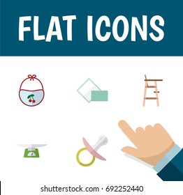 Flat Icon Child Set Of Children Scales, Child Chair, Napkin And Other Vector Objects. Also Includes Pinafore, Pacifier, Tissue Elements.
