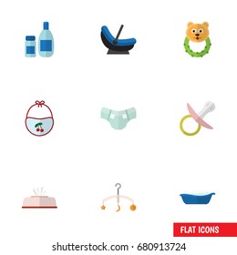 Flat Icon Child Set Of Cream With Lotion, Pinafore, Rattle And Other Vector Objects. Also Includes Bib, Crib, Nipple Elements.