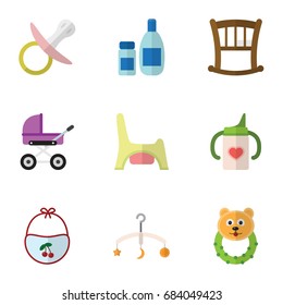 Flat Icon Child Set Of Cream With Lotion, Nipple, Rattle And Other Vector Objects. Also Includes Cot, Pacifier, Pinafore Elements.