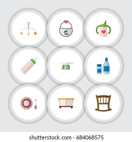 Flat Icon Child Set Of Cream With Lotion, Feeder, Baby Plate And Other Vector Objects. Also Includes Cream, Dish, Weighing Elements.