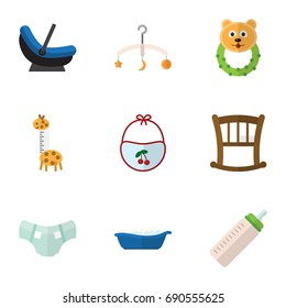 Flat Icon Child Set Of Feeder, Infant Cot, Rattle And Other Vector Objects. Also Includes Infant, Bed, Rattle Elements.