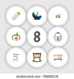 Flat Icon Child Set Of Infant Cot, Child Chair, Pram And Other Vector Objects. Also Includes Cradle, Infant, Bottle Elements.