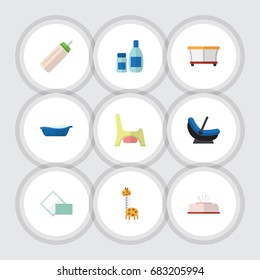 Flat Icon Child Set Of Playground, Napkin, Pram And Other Vector Objects. Also Includes Toilet, Cream, Toy Elements.