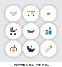 Flat Icon Child Set Of Stroller, Bathtub, Nappy And Other Vector Objects. Also Includes Nappy, Cream, Weighing Elements.