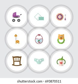 Flat Icon Child Set Of Toy, Rattle, Nappy And Other Vector Objects. Also Includes Nursing, Dish, Pinafore Elements.