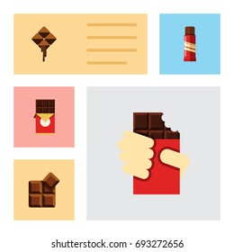 Flat Icon Chocolate Set Of Chocolate Bar, Cocoa, Shaped Box And Other Vector Objects. Also Includes Sweet, Delicious, Confection Elements.