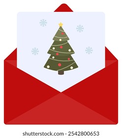 Flat icon of christmas greeting card in red open envelope isolated on white background.