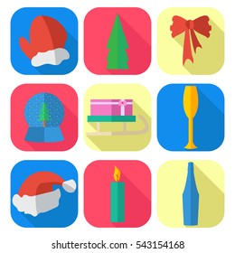 flat icon Christmas set, mitten ,fir tree, glass,champagne,candle,Santa hat,sled with gift,ball with tree and snow