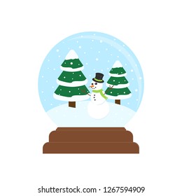 Flat icon Christmas snow globe with Snowman and Christmas trees isolated on white background. Vector illustration.