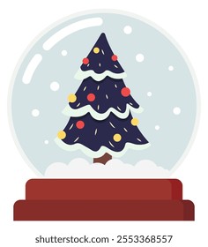 Flat icon of christmas snow globe with plastic christmas tree isolated on white background.