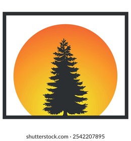 Flat icon with a Christmas tree silhouette on a background of a big orange sun in a black frame. Vector on a gray background