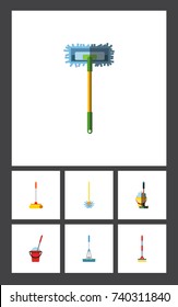 Flat Icon Cleaner Set Of Cleaner, Besom, Mop And Other Vector Objects. Also Includes Sweep, Besom, Broomstick Elements.