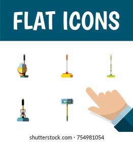 Flat Icon Cleaner Set Of Besom, Mop, Cleaner And Other Vector Objects. Also Includes Mop, Sweeper, Broomstick Elements.