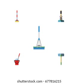 Flat Icon Cleaner Set Of Broom, Sweep, Besom And Other Vector Objects. Also Includes Equipment, Broom, Bucket Elements.
