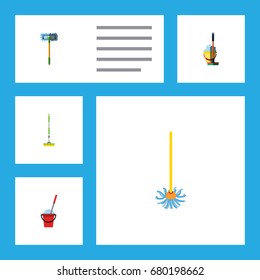 Flat Icon Cleaner Set Of Bucket, Equipment, Mop And Other Vector Objects. Also Includes Broomstick, Broom, Bucket Elements.