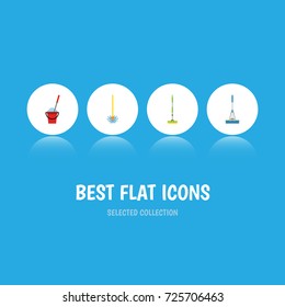 Flat Icon Cleaner Set Of Bucket, Cleaning, Broomstick And Other Vector Objects. Also Includes Sweep, Besom, Mop Elements.
