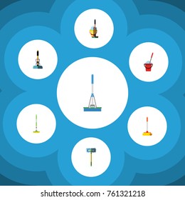 Flat Icon Cleaner Set Of Bucket, Equipment, Mop And Other Vector Objects. Also Includes Broomstick, Besom, Cleaning Elements.