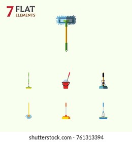 Flat Icon Cleaner Set Of Equipment, Broom, Cleaning And Other Vector Objects. Also Includes Broom, Bucket, Broomstick Elements.