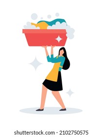 Flat icon with cleaning service worker in uniform doing laundry carrying basin with clothing vector illustration