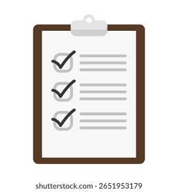 Ícone plano de uma área de transferência com três marcas de seleção em uma lista. Ilustração vetorial simbolizando produtividade, planejamento, tarefas concluídas ou realização da meta.