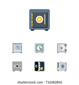 Flat Icon Closed Set Of Saving, Banking, Safe And Other Vector Objects. Also Includes Strongbox, Saving, Banking Elements.