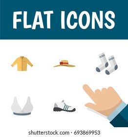 Flat Icon Clothes Set Of Banyan, Elegant Headgear, Foot Textile And Other Vector Objects. Also Includes Breast, Gumshoes, Sneakers Elements.