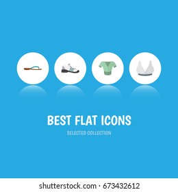 Flat Icon Clothes Set Of Beach Sandal, Brasserie, Sneakers Vector Objects. Also Includes Sport, Flip, Clothes Elements.