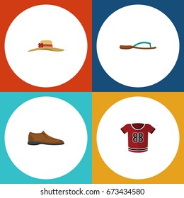 Flat Icon Clothes Set Of Beach Sandal, T-Shirt, Elegant Headgear Vector Objects. Also Includes Uniform, Footware, Man Elements.